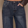 Dark Blue Vintage Pleat Side Wide Leg Jeans
