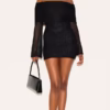 Black Textured Bardot Flare Long Sleeve Mini Dress