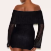 Black Textured Bardot Flare Long Sleeve Mini Dress